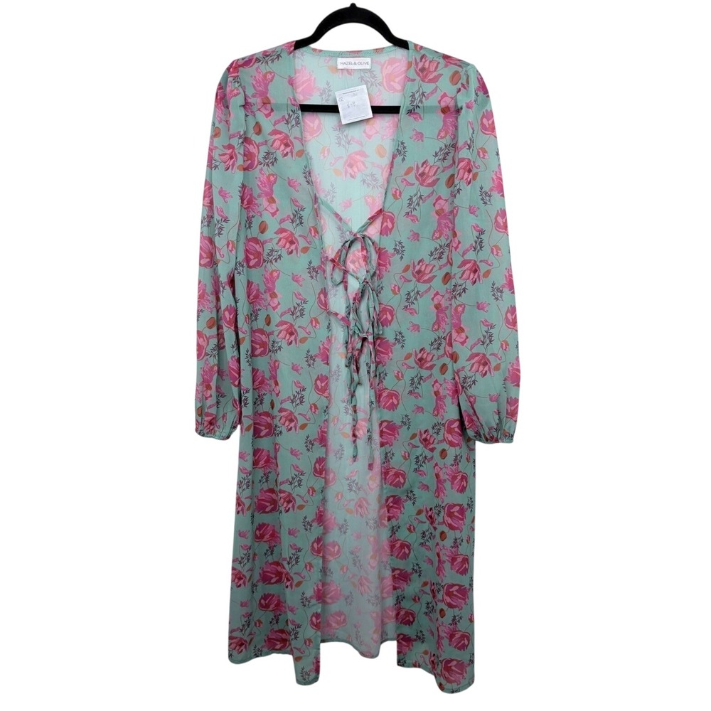 Hazel & Olive Floral Kimono Duster Women One Size Green Pink NEW Sheer Tie Front